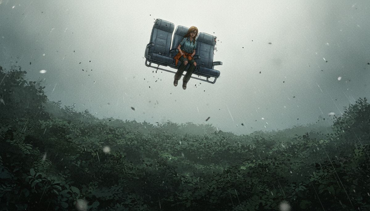 An airplane seat falling over the rainforest